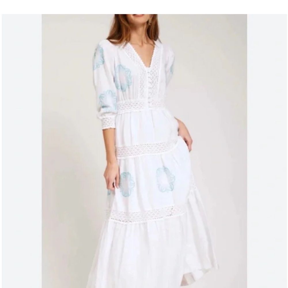 Tyler Boe Celia White and Blue Embroidered Maxi Dress Size M